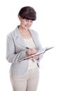 Aged woman posing like an office worker, administrator, secretary. Portrait against of white background Royalty Free Stock Photo