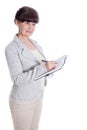 Aged woman posing like an office worker, administrator, secretary. Portrait against of white background Royalty Free Stock Photo