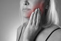 Aged woman with toothache, teeth pain closeup