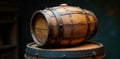Aged wooden barrel resting atop another barrel, rustic texture and dark background. Generative AI Royalty Free Stock Photo