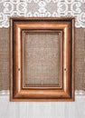 Aged wooden frame on the burlap Royalty Free Stock Photo