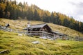 an old wooden house nestled in the woods by the fence Royalty Free Stock Photo