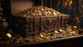 In the aged wooden of an pirate chest, an abundance of shimmering gold coins