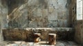 wabi sabi decor, aged wooden stools and weathered stone tiles in a wabi-sabi bathroom evoke a rustic and peaceful Royalty Free Stock Photo