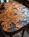 Aged wooden table with a unique surface covered in small, irregular handwritten square Royalty Free Stock Photo