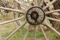 Aged wooden wagon wheel centre hub and spokes Royalty Free Stock Photo