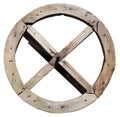 Aged wooden wheel from a water mill as a time machine concept isolated