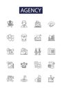 Agency line vector icons and signs. Firm, Bureau, Office, Group, Body, Authority, Service, Outfit outline vector