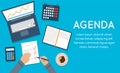 Agenda concept. Businessman at desktop writing agenda. Template, banner for web and print. Vector illustration, flat