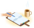 The agenda, hand with pen, mug of coffee. Flat isometric illustration