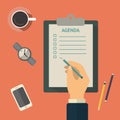 Agenda list concept vector illustration. Business concept with paper agenda, pen, coffee, watch, phone, clipboard in Royalty Free Stock Photo
