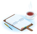 The agenda, pen and cup of tea. Flat vector isometric illustration Royalty Free Stock Photo