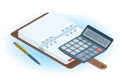 The agenda, pen and electronic calculator. Flat vector isometric