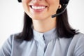 Agent call center, closeup mouth of a woman and with a headset at her modern office. Consultant or customer service