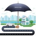 Agent holding umbrella over house and car. Property insurance protection concept vector illustration Royalty Free Stock Photo