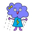 Cartoon doodle happy cloud with rain girl isolated