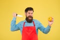 Aggression concept. Mad cook. Ultimate list of cutting techniques every chef should know. Bearded man prepare tomato