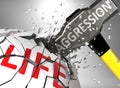 Aggression and destruction of health and life - symbolized by word Aggression and a hammer to show negative aspect of Aggression,