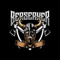 Aggressive and angry Berserker tribe barbarian vector badge logo template