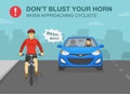 Aggressive and angry car driver is honking horn for no reason. Front view of a sedan car and cyclist on a bicycle.
