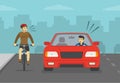 Aggressive and angry male driver is yelling to cyclist. Road rage between biker and sedan car driver. Royalty Free Stock Photo