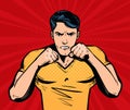 Aggressive and angry man with fists. Fighter, fight club concept. Cartoon vector illustration