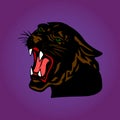 Aggressive Black Panther with open mouth, cartoon on a purple ba