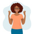 Aggressive black woman with an angry expression screams and gesticulates with her hands. Human emotions. Flat style illustration