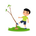 Aggressive boy breaking young tree flat vector illustration. Furious little asian kid damaging plant cartoon character