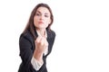 Aggressive business woman, leader or bossy manager showing fist