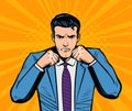 Aggressive businessman or super hero with fists. Business concept in pop art retro comic style. Cartoon vector