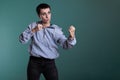 Aggressive caucasian female doing fighting gesture in studio Royalty Free Stock Photo