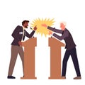 Aggressive debates of politicians standing behind podiums during election campaign