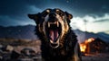 Aggressive dog baring teeth with burning structure in the background Royalty Free Stock Photo