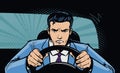 Aggressive driver behind the wheel of car. Race, pursuit in pop art retro comic style. Cartoon vector illustration