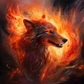 Wolf and Flame. Head of Aggressive Fire Woolf. A wolf howling in the flames of fire. Generated AI illustration.