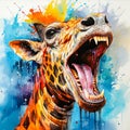 Aggressive giraffe disgustedly shows his teeth in watercolor