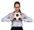 Aggressive girl with a soccer Ball