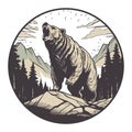 Aggressive grizzly bear on a wild nature background. T-shirt print badge design, vector illustration