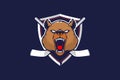 Aggressive grizzly bear head with shield for hockey team logo vector template