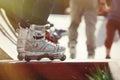 Aggressive inline rollerblader standing on ramp in skatepark Royalty Free Stock Photo