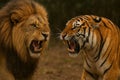 An aggressive lion and tiger facing off, baring their sharp teeth Royalty Free Stock Photo