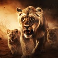 Aggressive lioness with cubs Royalty Free Stock Photo