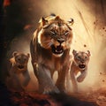 Ai Generated illustration Wildlife Concept of Aggressive lioness with cubs Royalty Free Stock Photo