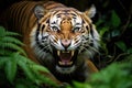 aggressive-looking tiger showing teeth in the jungle Royalty Free Stock Photo