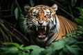 aggressive-looking tiger showing teeth in the jungle Royalty Free Stock Photo