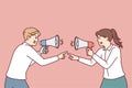 Aggressive men and women with megaphones quarreling and pointing fingers at each other Royalty Free Stock Photo