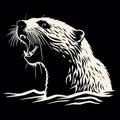 Aggressive Otter Clipart: Bold Woodcut Illustration On Black Background Royalty Free Stock Photo