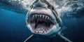 An aggressive shark, its jaws wide open in a close-up view, capturing the intensity and danger of this apex predator in