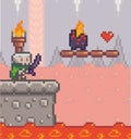 Aggressive skeletone with sword in pixelg game, npc, mob, cave with boiling magma, bonus life